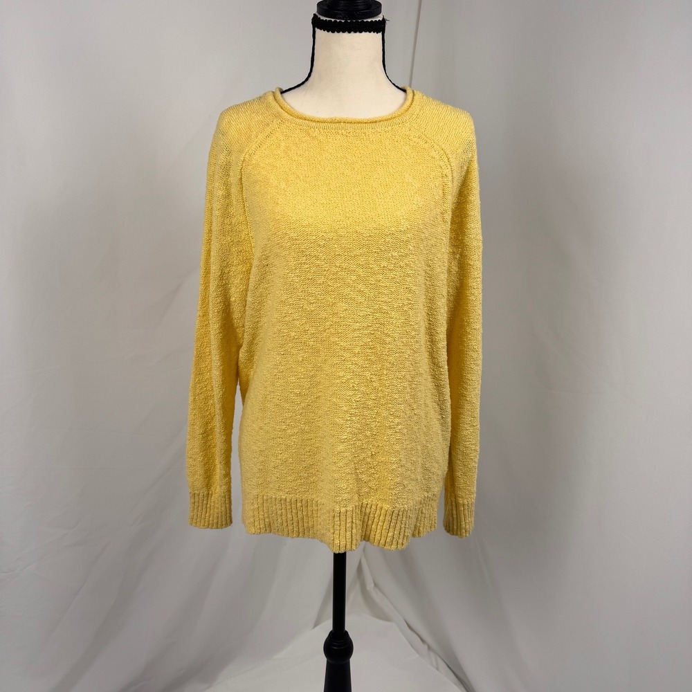 LL Bean Sweater Women Large Yellow 100% Cotton Raglan Roll Neck Pullover